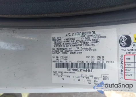 2009 Mercury Milan I4 Premier from USA, damaged, VIN 3MEHM08Z19R614691